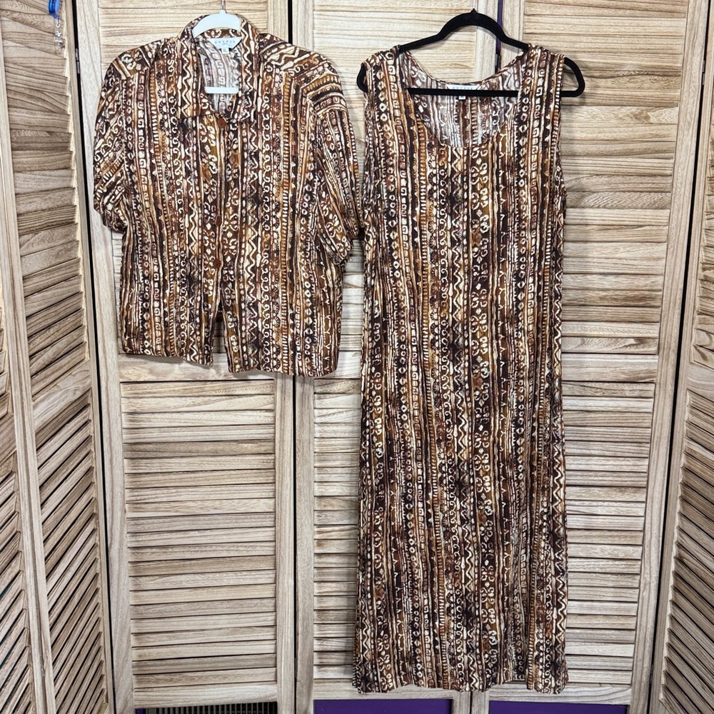 Outfit Dress Brown Patterned Two-Piece Set Maxi Size XL 1980's - Picture 8 of 15